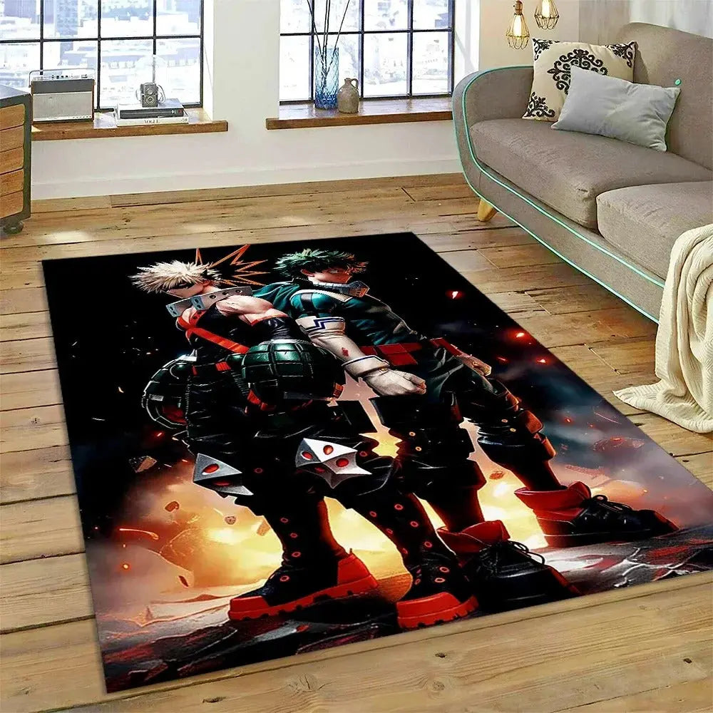 Anime carpet with Deku and Bakugou placed under a gray sofa in a living room