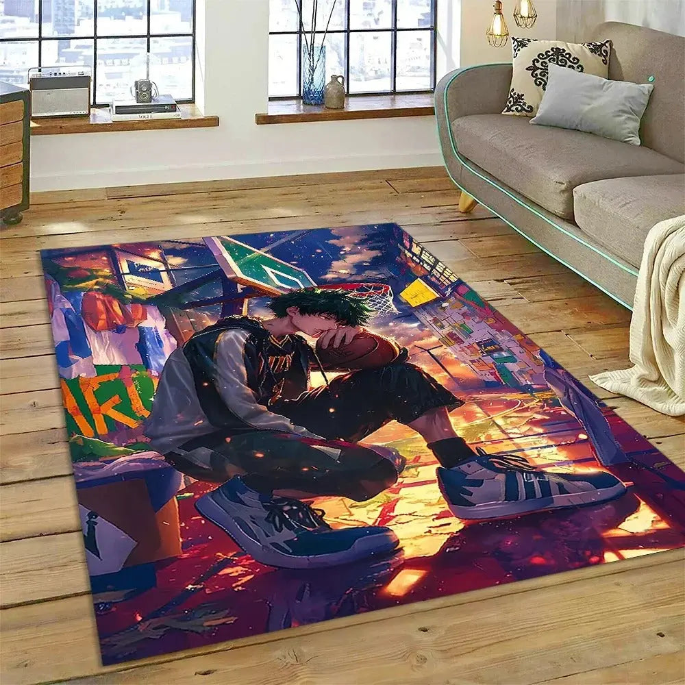 Hero-themed rug as part of an anime room makeover with wall posters