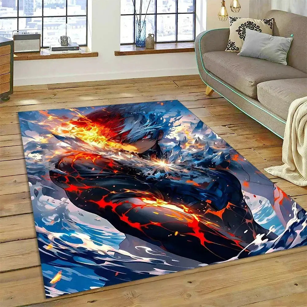 Floor mat featuring manga-style artwork of Deku and Bakugou in a teen's bedroom