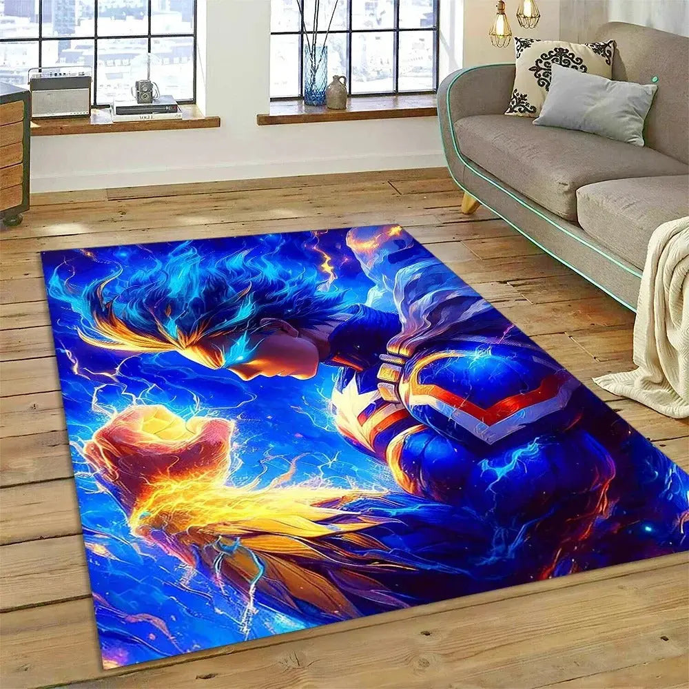 My Hero Academia rug with Deku & Bakugou placed on a hardwood bedroom floor