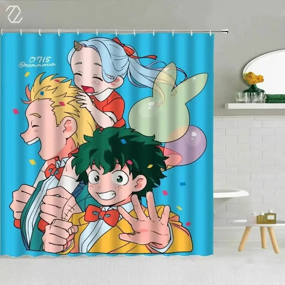 My Hero Academia anime shower curtain featuring vibrant 3D character artwork – waterproof bathroom decor