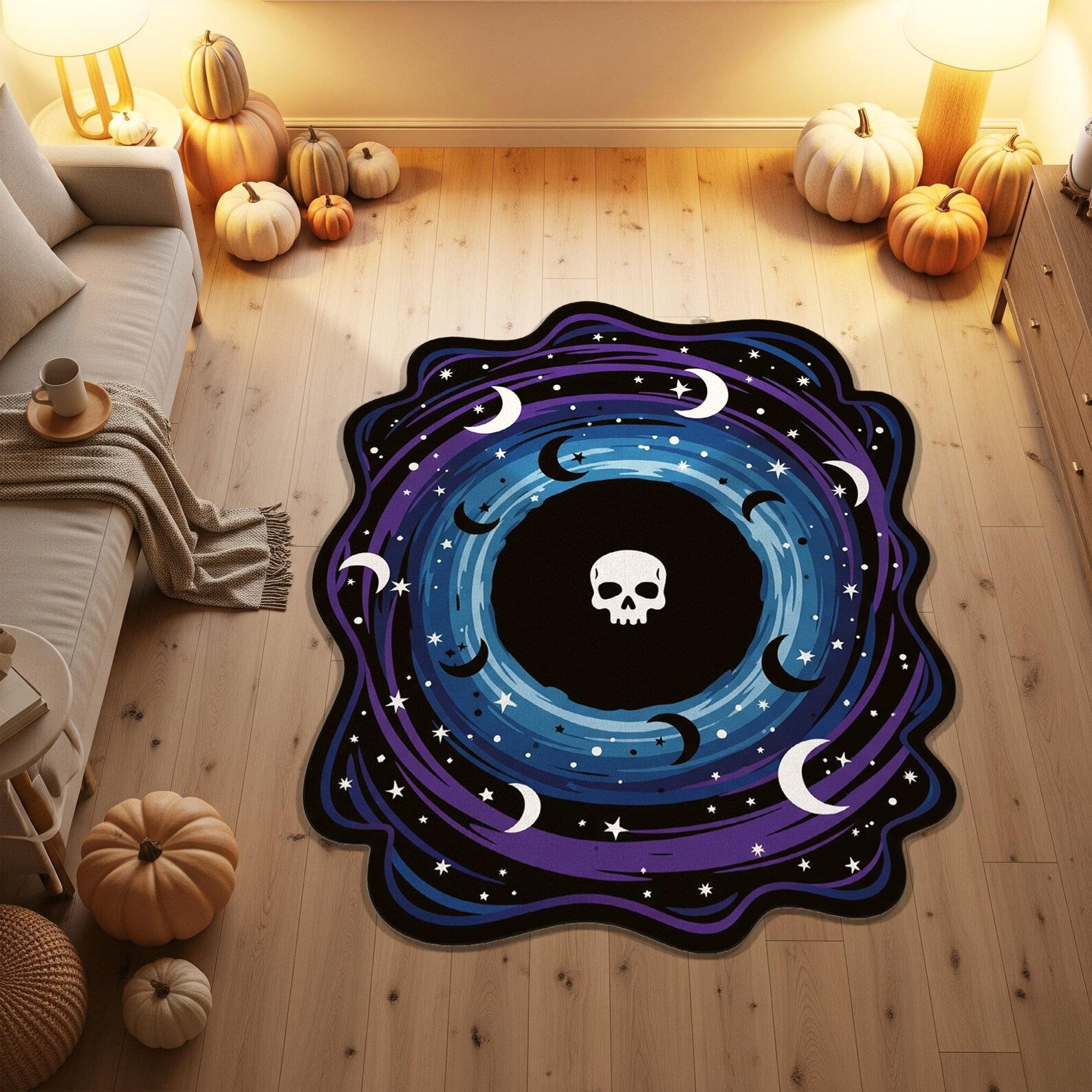 Mystic Galaxy Skull Rug – Crescent Moon & Stars Shaped Halloween Carpet, Cosmic Witch Decor Mat, Goth Aesthetic Spooky Floor Accent