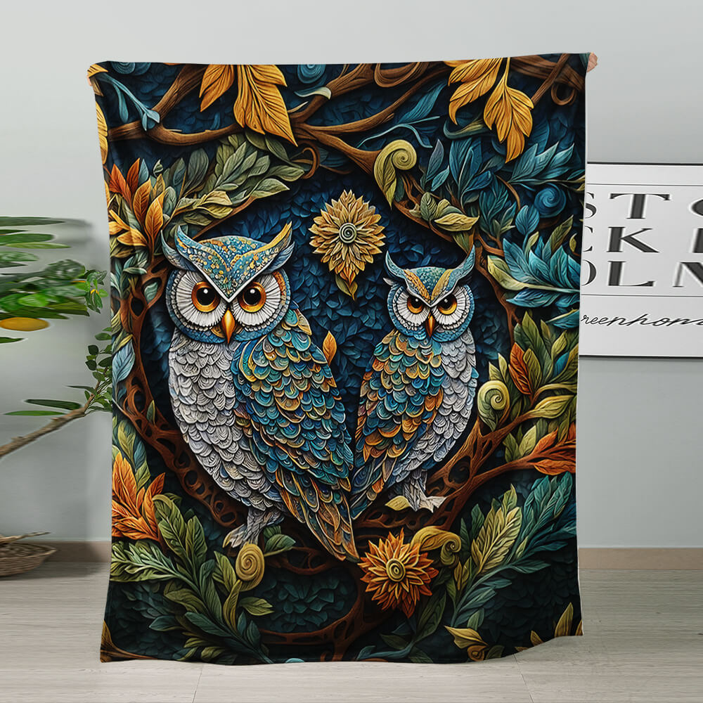 Mystic owl flannel throw blanket with forest bird artwork