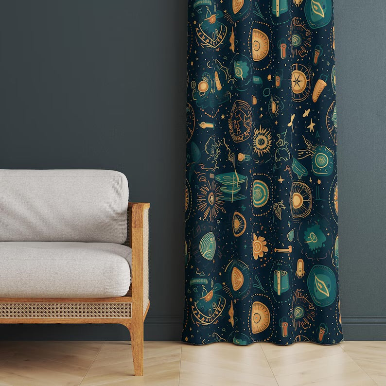 Mystic Sun Moon Star Curtain Panel: Celestial Astrology Art Drapes Custom Blackout Drapes, Room Darkening Curtains for Bedroom & Living Room