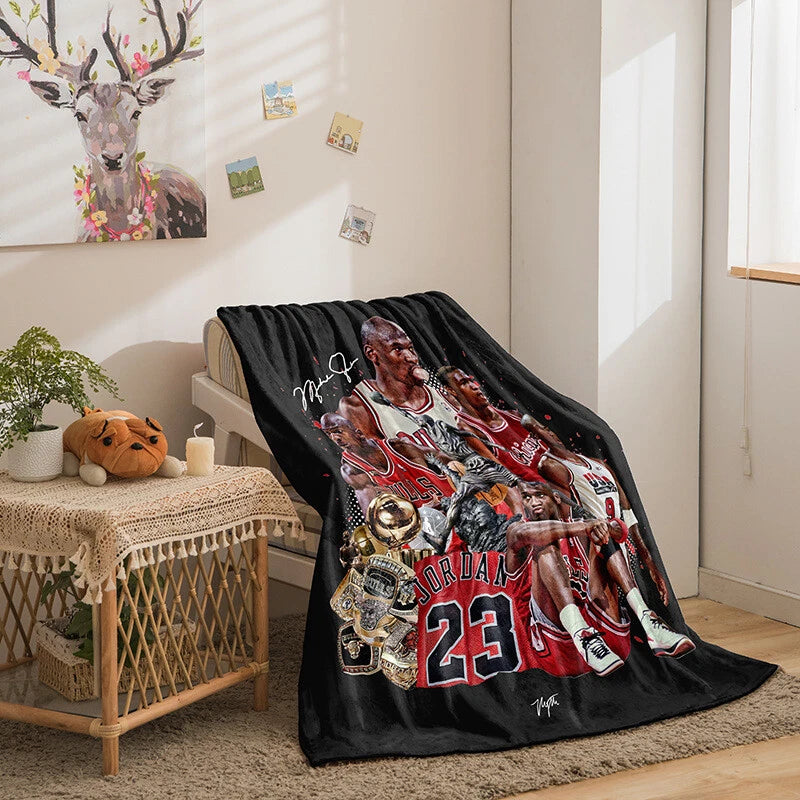 Lakers themed basketball blanket on couch