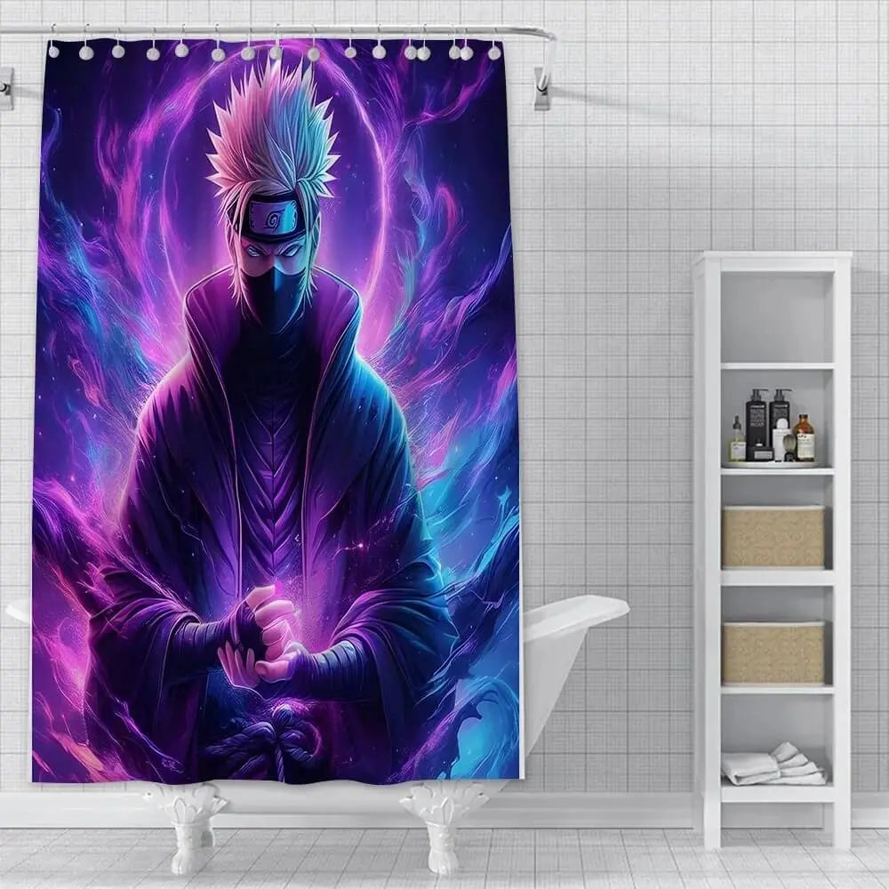 Anime shower curtain featuring Kakashi with mask and lightning
