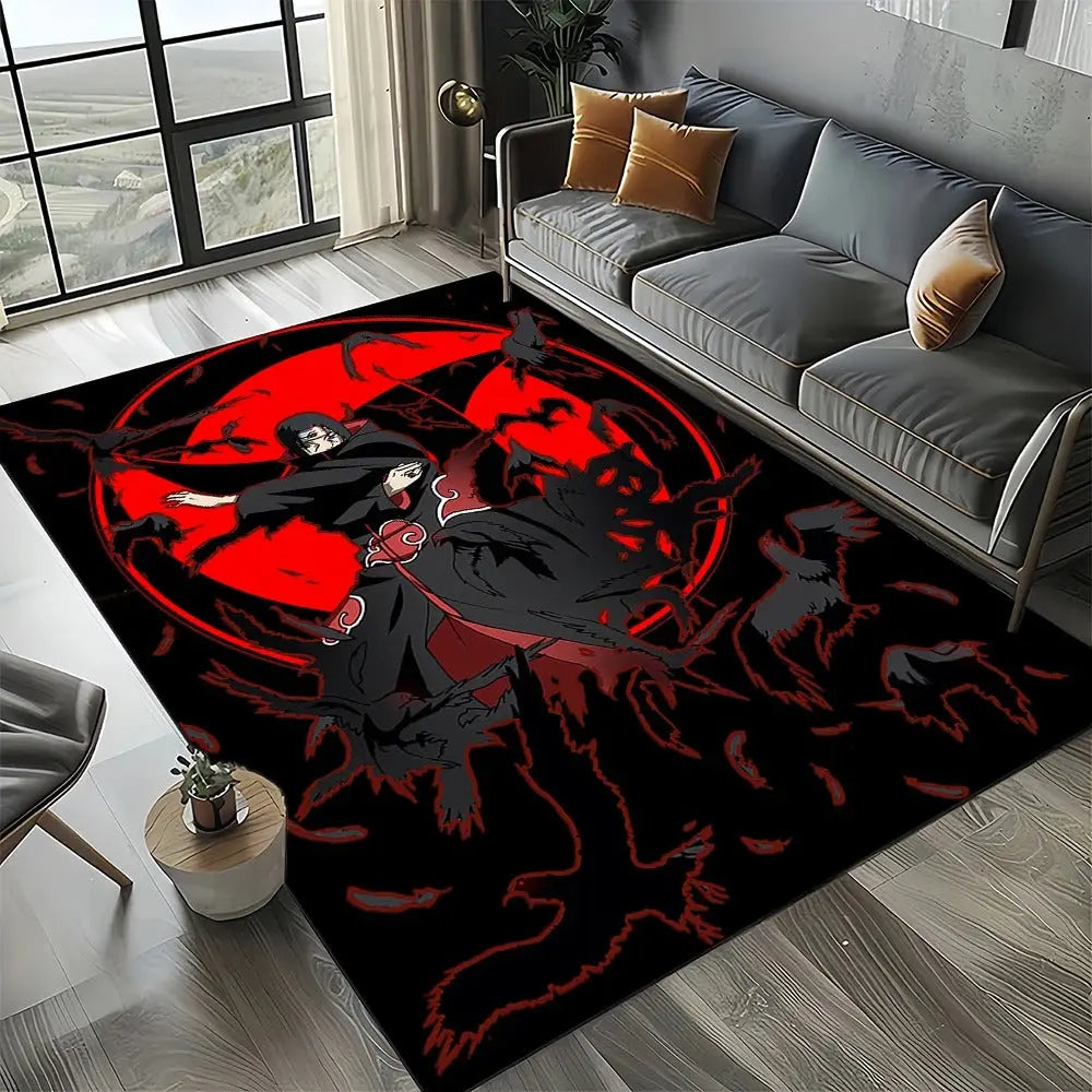 Naruto anime rug with Japanese symbols placed in a cozy bedroom with soft lighting and modern decor
