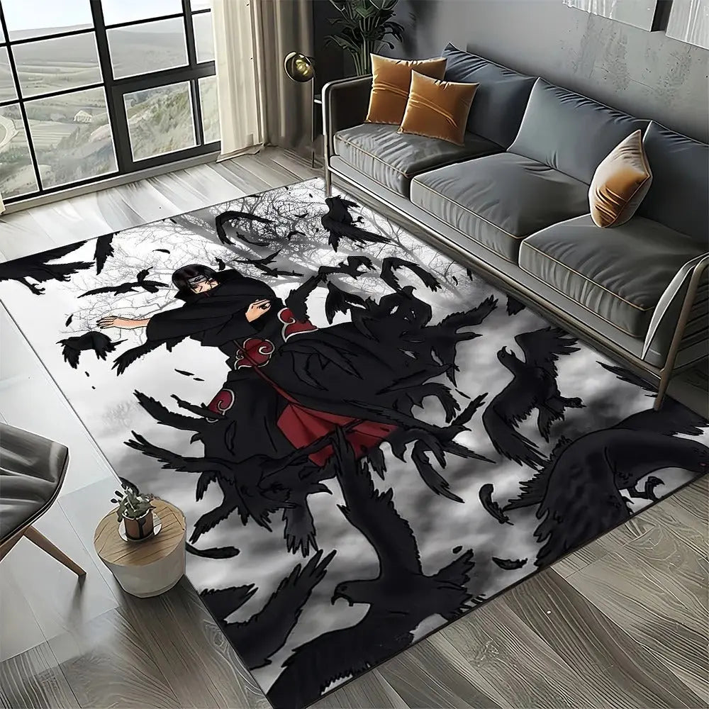 Naruto Itachi anime rug placed beside a bed in a cozy anime-themed bedroom