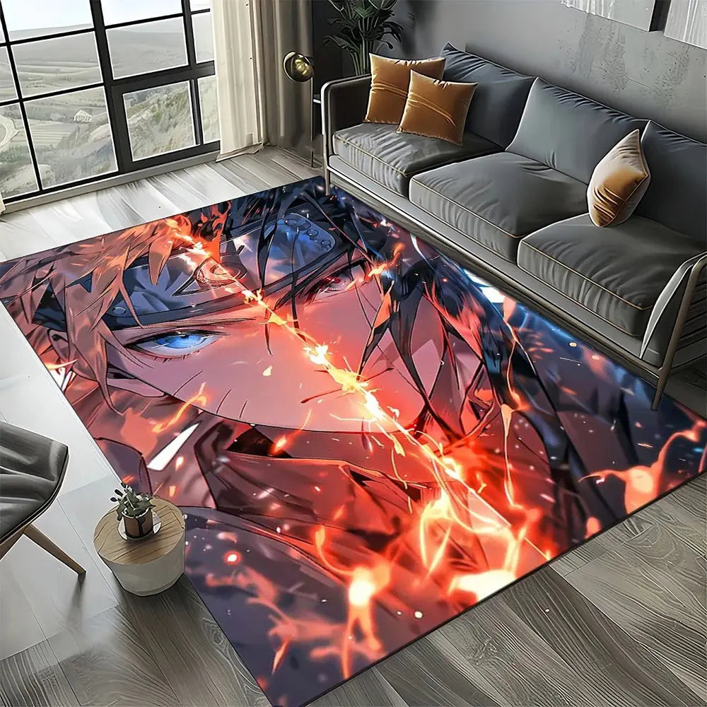 Naruto rug placed in a living room with soft lighting and neutral tones
