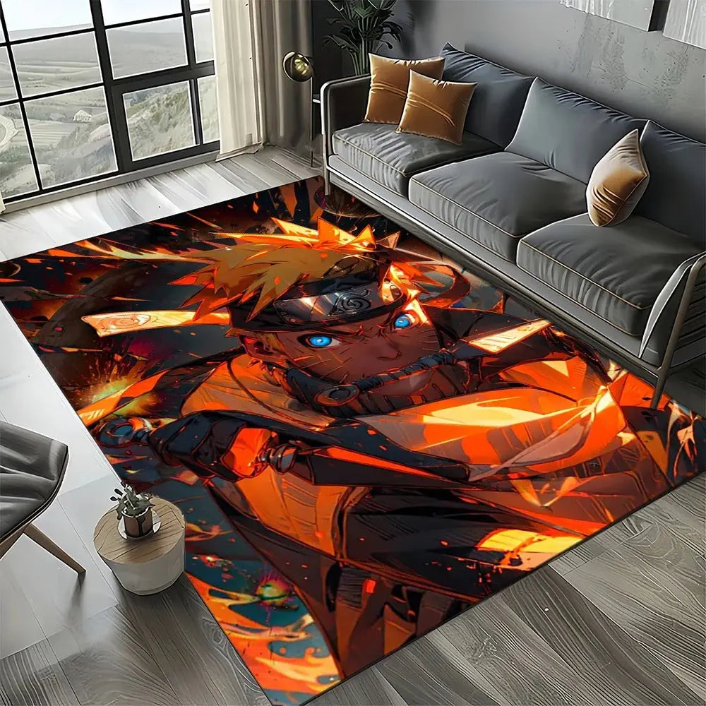 Naruto rug under a gaming setup with RGB lights and console setup