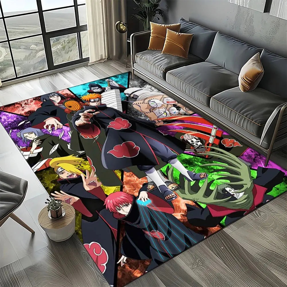Foldable Naruto print rug neatly placed beside a futon-style bed