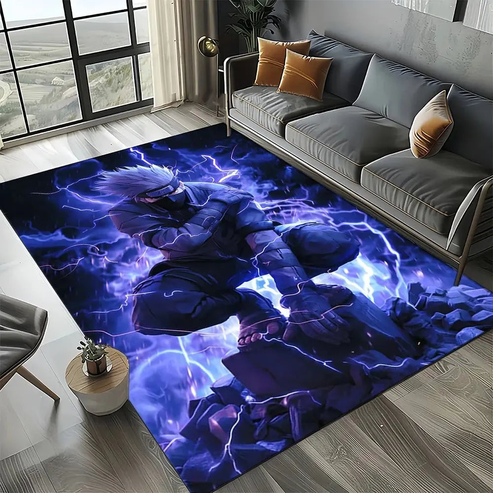 Airbnb-style decor using Naruto Kakashi anime rug in soft Japanese tones