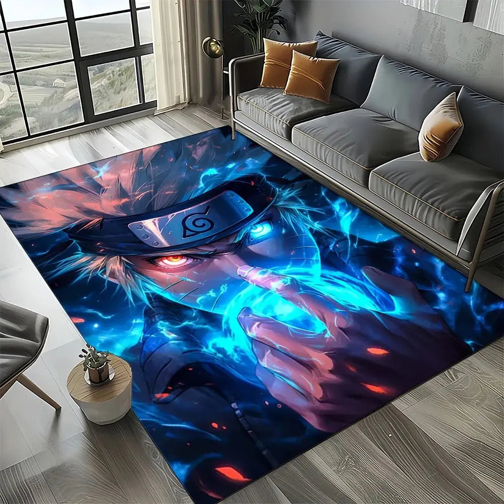 Multi-colored Naruto ninja rug in a trendy bedroom setup