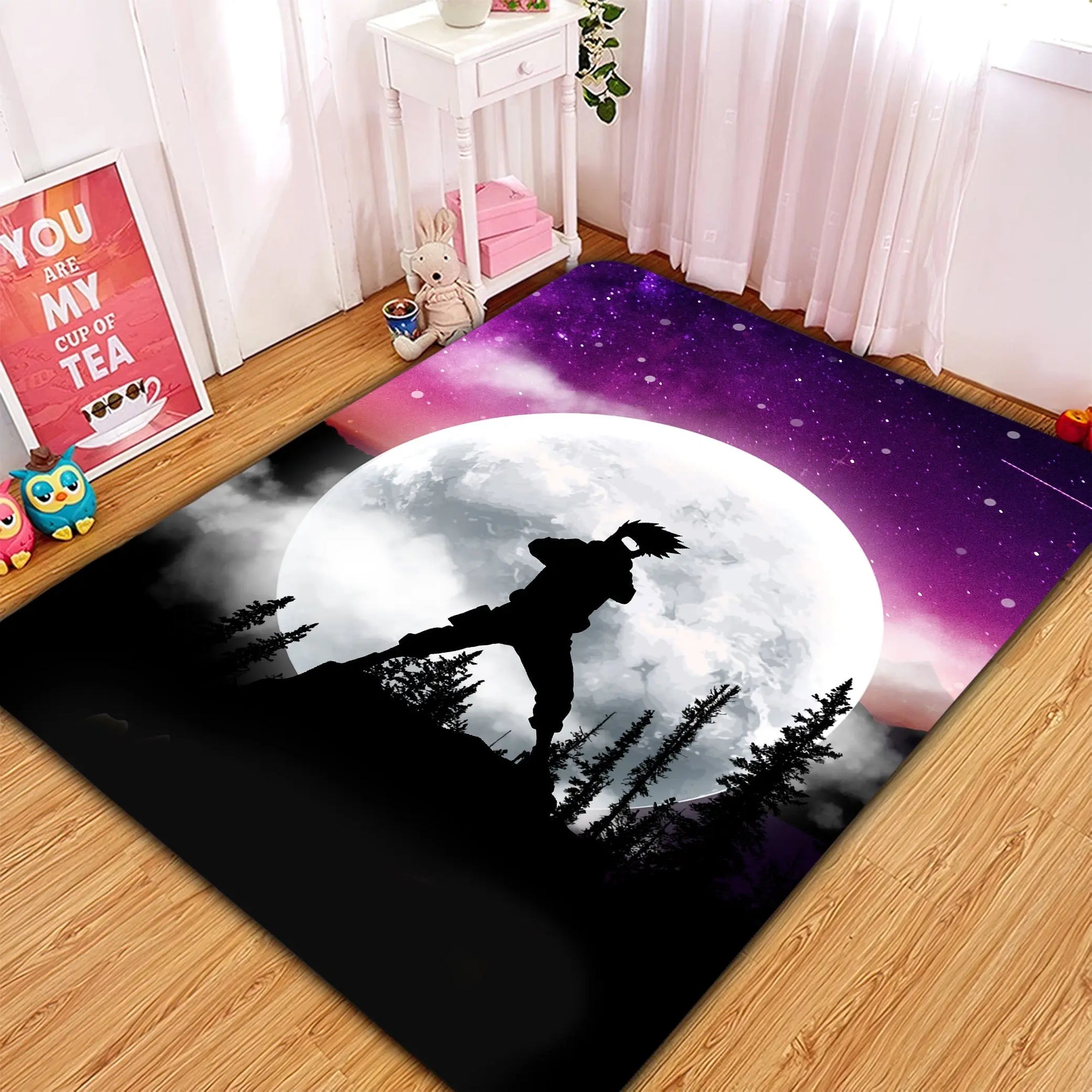 Kakashi sunset moon night anime rug, soft non-slip Naruto carpet for bedroom, living room, and home decor