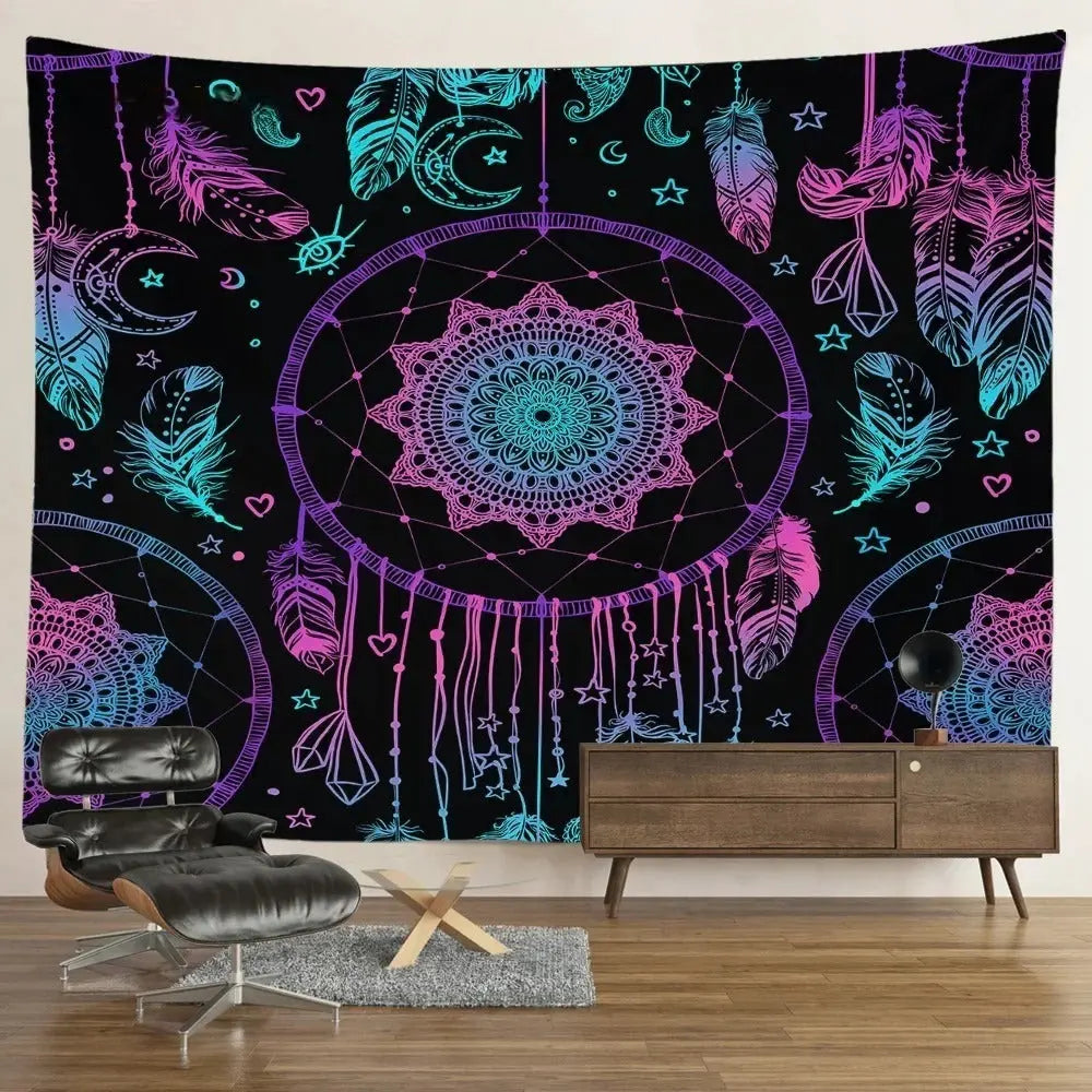 Native American dreamcatcher tapestry with feathers and moonlight design