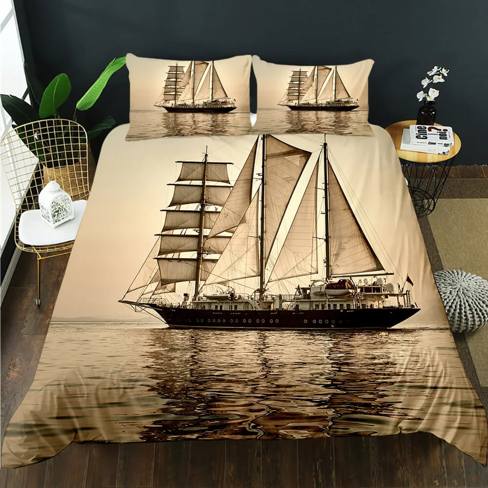 Nautical sailboat quilt cover set with navy blue ocean waves design
