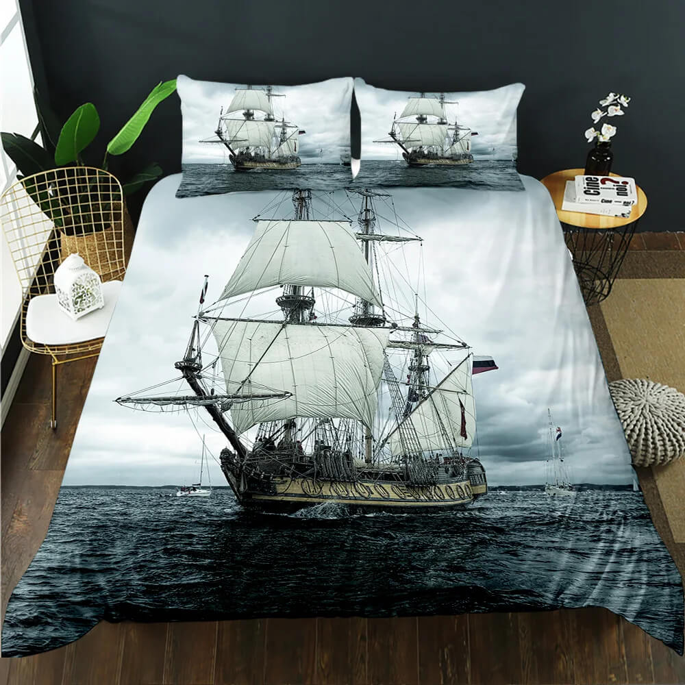Sailing boat navy blue nautical bedding for coastal bedroom decor