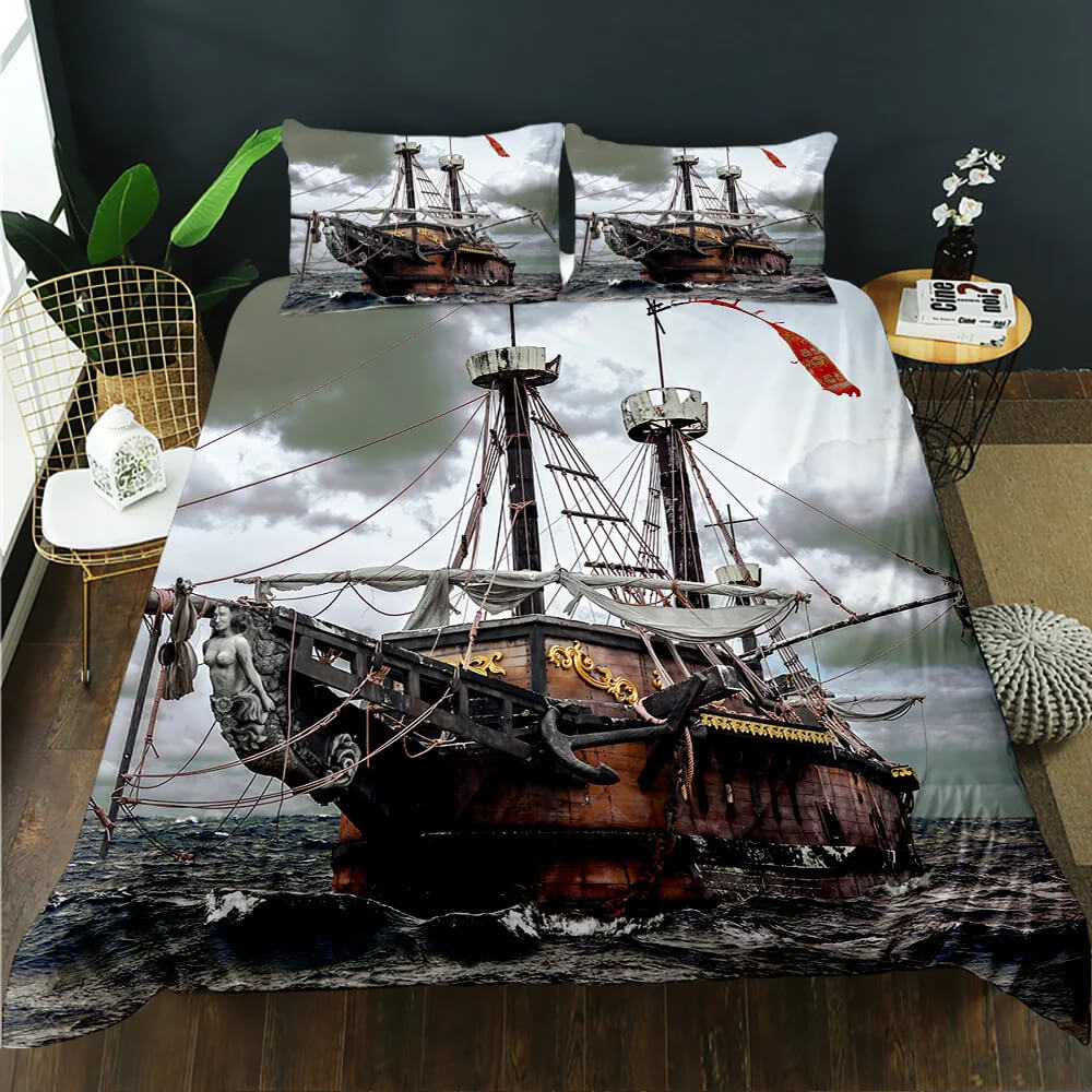 Ocean waves nautical quilt cover set with sailing boat artwork