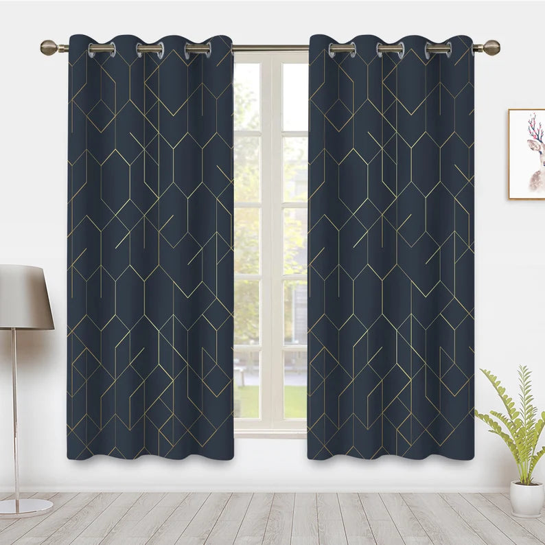 Navy Blue Curtain Blackout Curtain Modern Gold Geometry Line Pattern Drapes Room Darkening Thermal Insulated Window Treatments for Bedroom