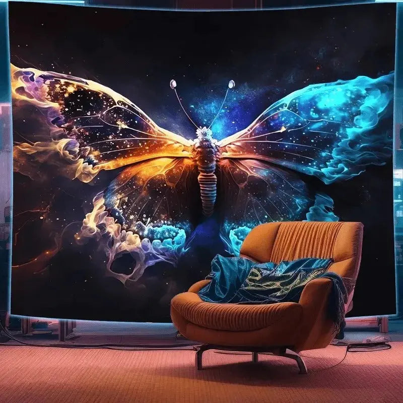 Galaxy-themed butterfly tapestry with neon heart and cosmic nebula glow