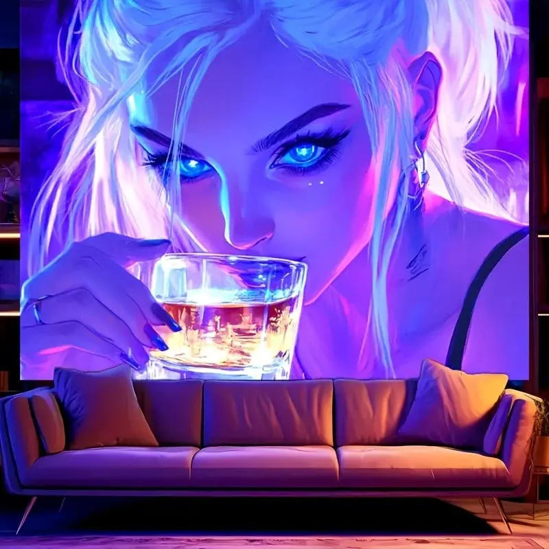 Neon drinking girl wall tapestry with glowing bar aesthetic and city night colors