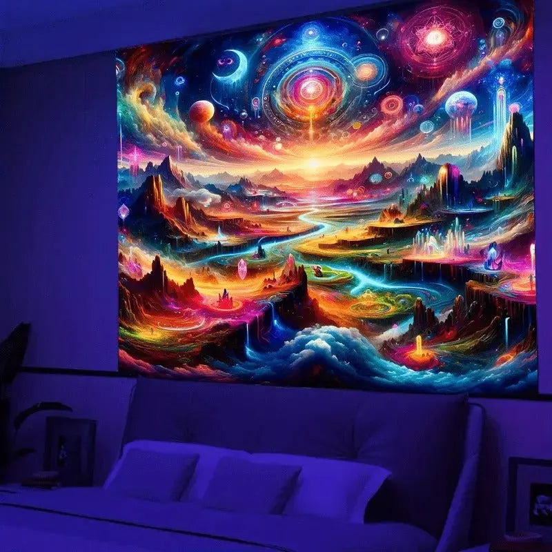 Neon crystal mountain tapestry wall art with glowing landscape design