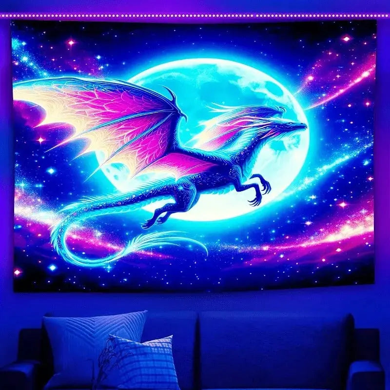 Neon cosmic dragon wall hanging with moon and holographic background fantasy art