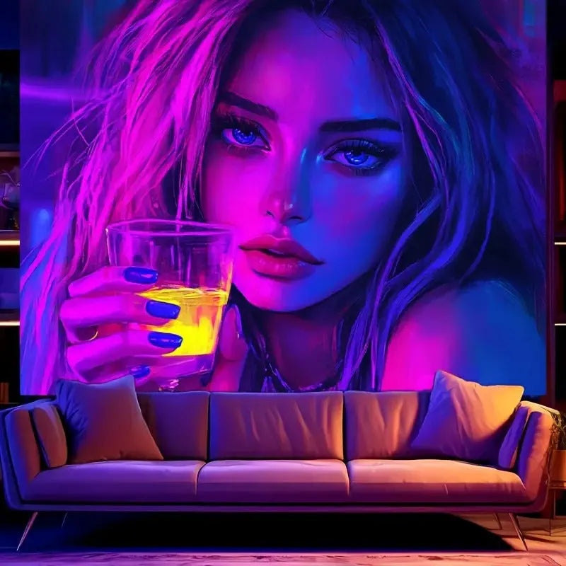 UV Reactive Neon Drinking Girl Wall Hanging for Bedroom Decor