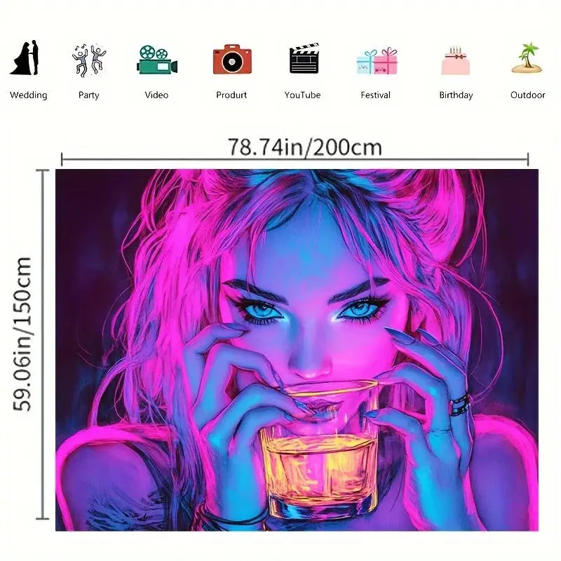 Neon girl sipping drink with glowing lounge aesthetic and nightlife-inspired tones