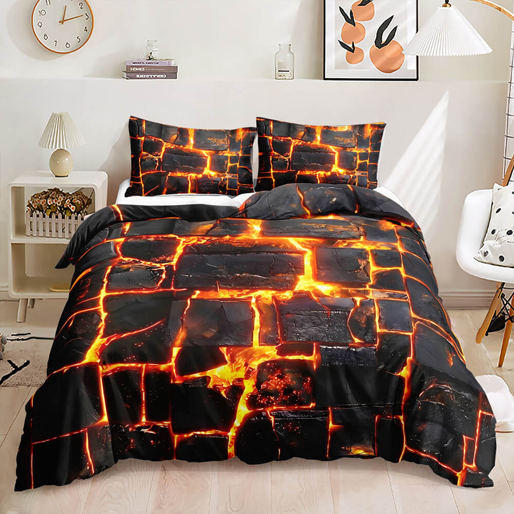 A bed dressed in a black and orange lava rock print comforter set with matching pillowcases, styled in a bright modern bedroom.