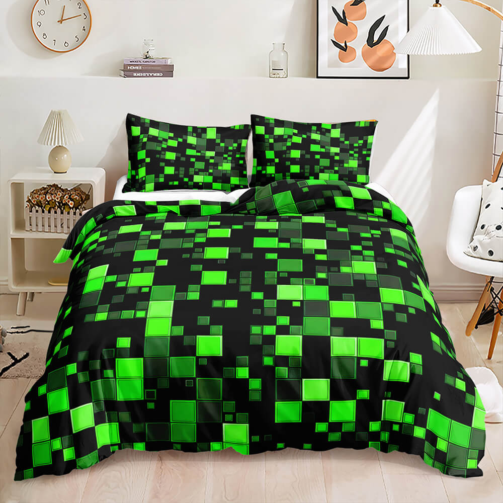 A bed dressed in a green and black pixelated camouflage-patterned bedding set, including a duvet cover and two matching pillowcases, shown in a styled bedroom setting.