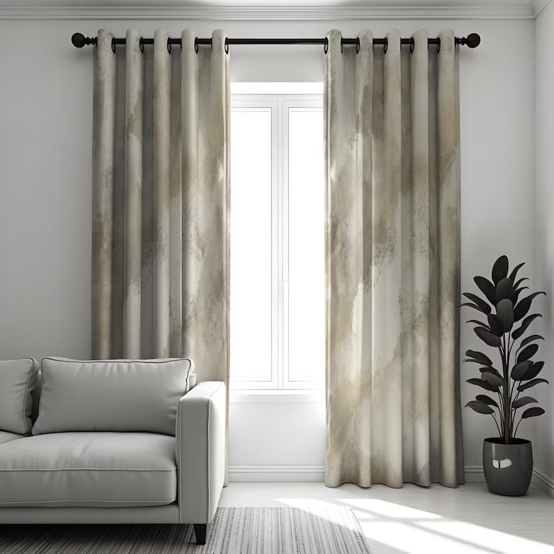 Neutral Marble Effect Curtains, Beige & Taupe Watercolor Look Drapes, Minimalist Window Panels for Modern Interiors