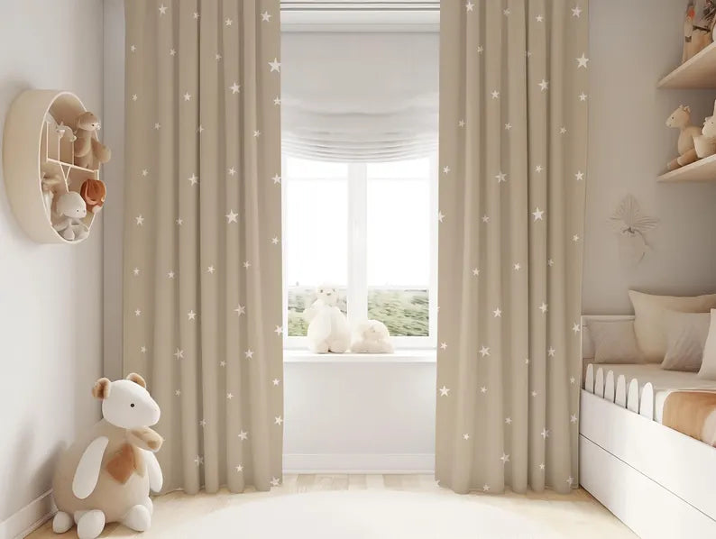Neutral Star Print Nursery Curtains: Soft Beige, Minimalist Decor