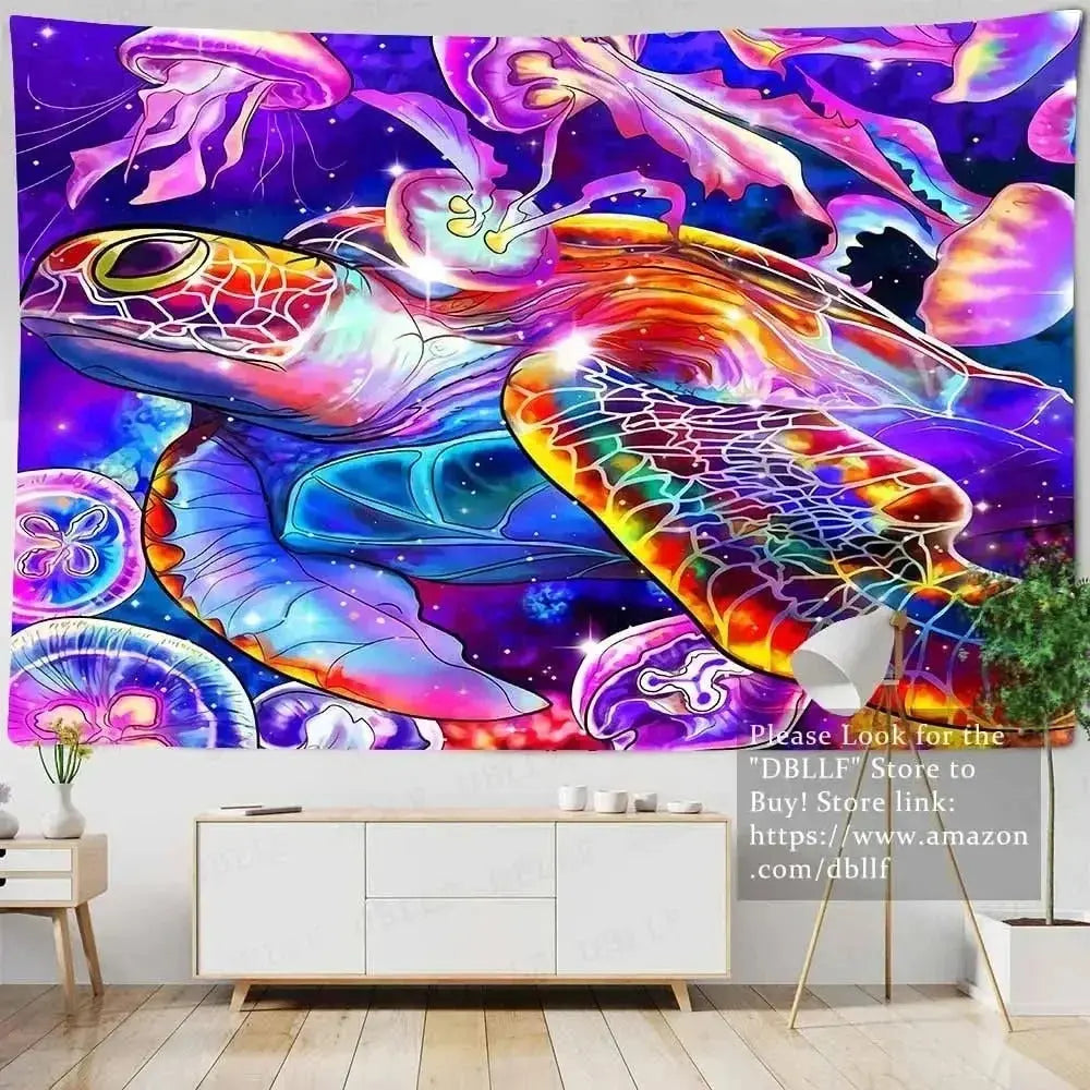 Sea turtle wall hanging with watercolor ocean and coral details