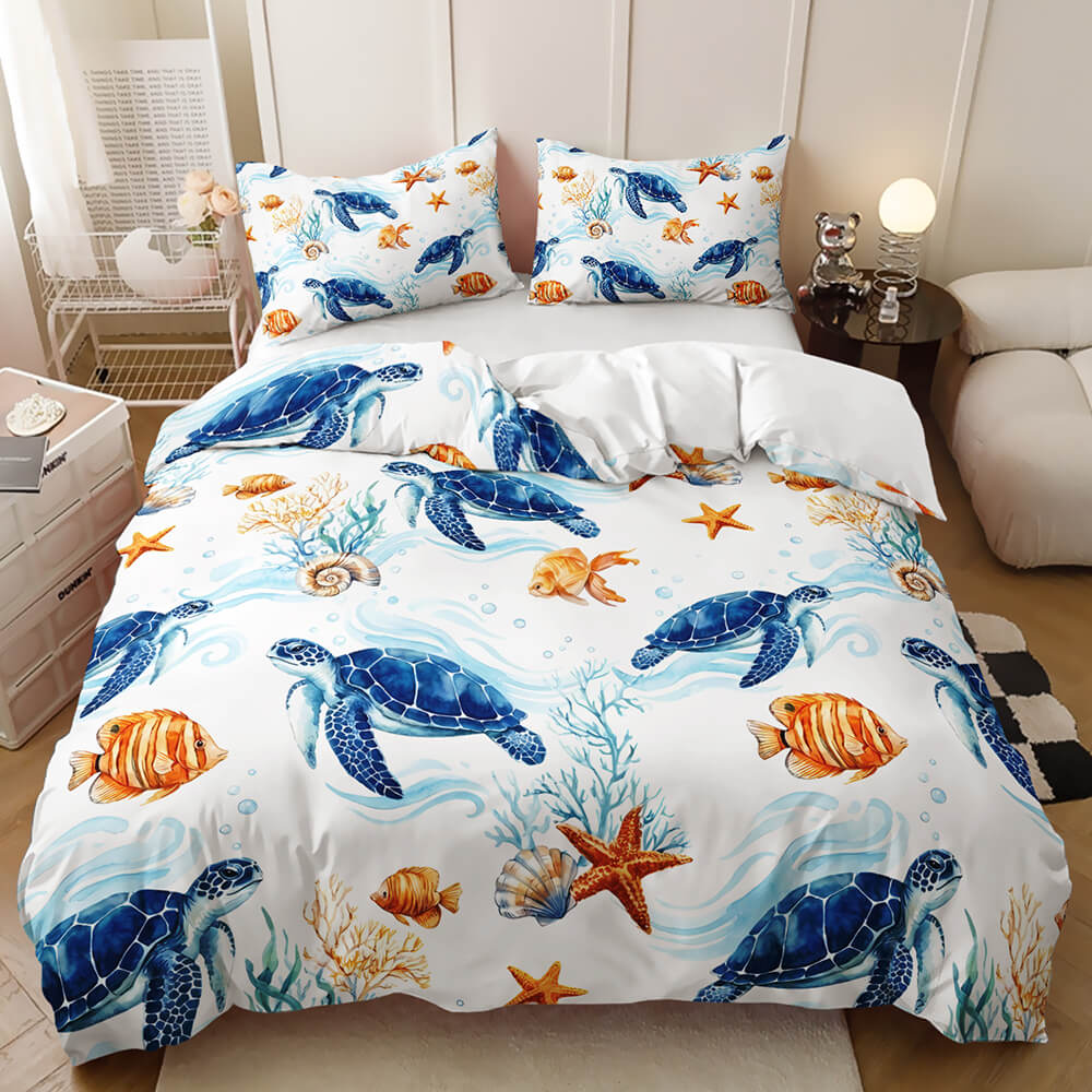 Underwater themed bedroom decor colorful ocean print of blue sea turtles, orange starfish, seashells, and fish, styled in a modern bedroom setting.
