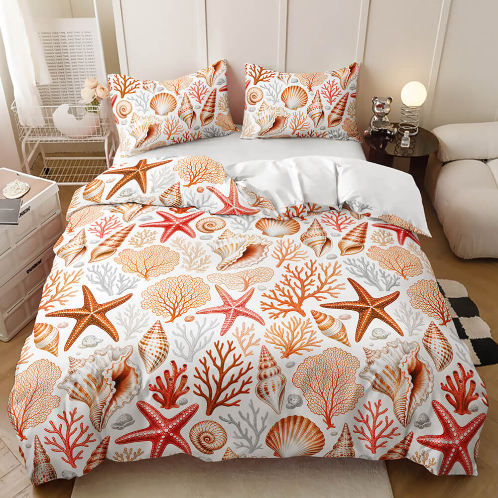 Marine life bedroom bedding colorful seashell and starfish print, styled in a bright bedroom setting.