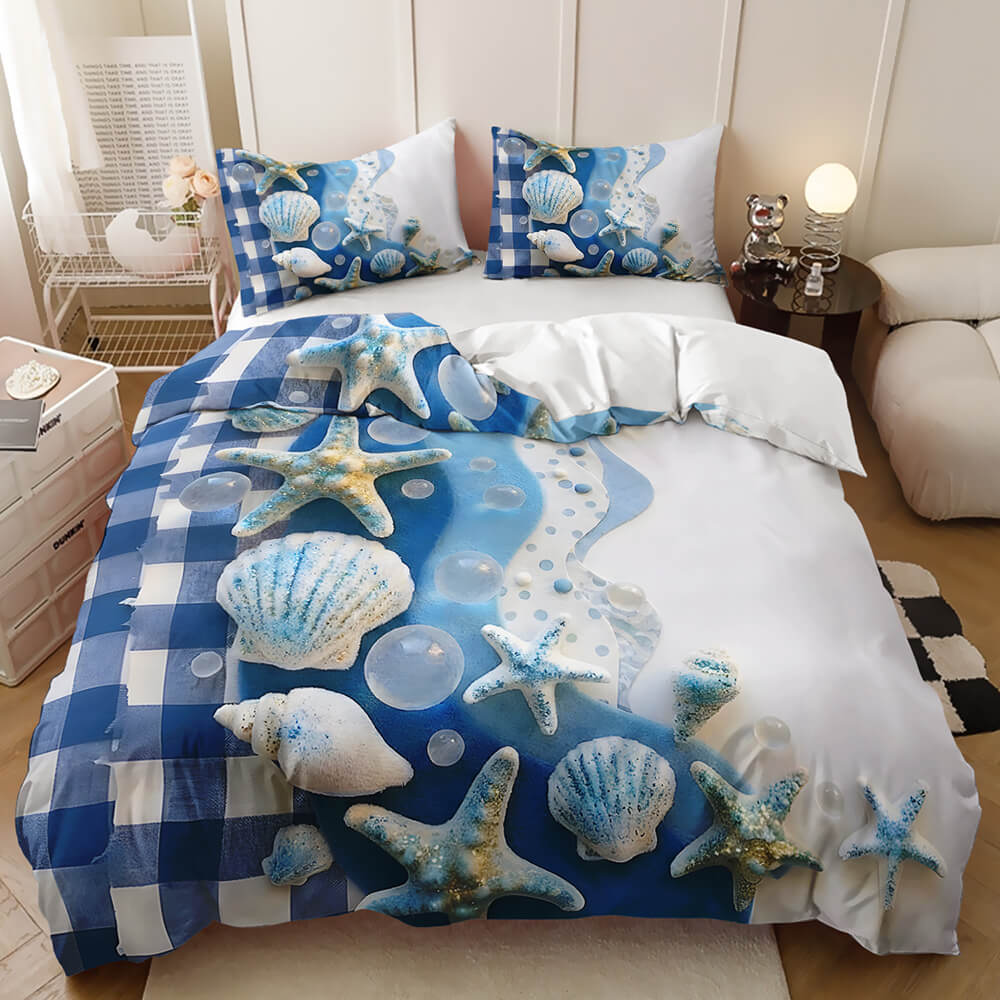 Underwater sea life bedding set seaside-themed bedding set with starfish, seashells, bubbles, and gingham accents