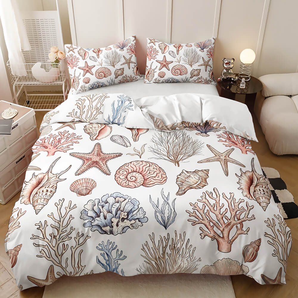 Underwater animal bedroom decor nautical print featuring seashells, starfish, coral, and sea plants in muted pink, beige, and blue tones, styled in a bright bedroom setting.