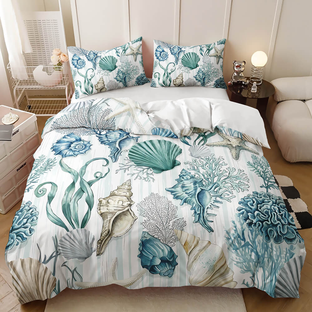 Marine animal bedding set printed with blue and teal sea urchins, shells, coral, and seaweed motifs.