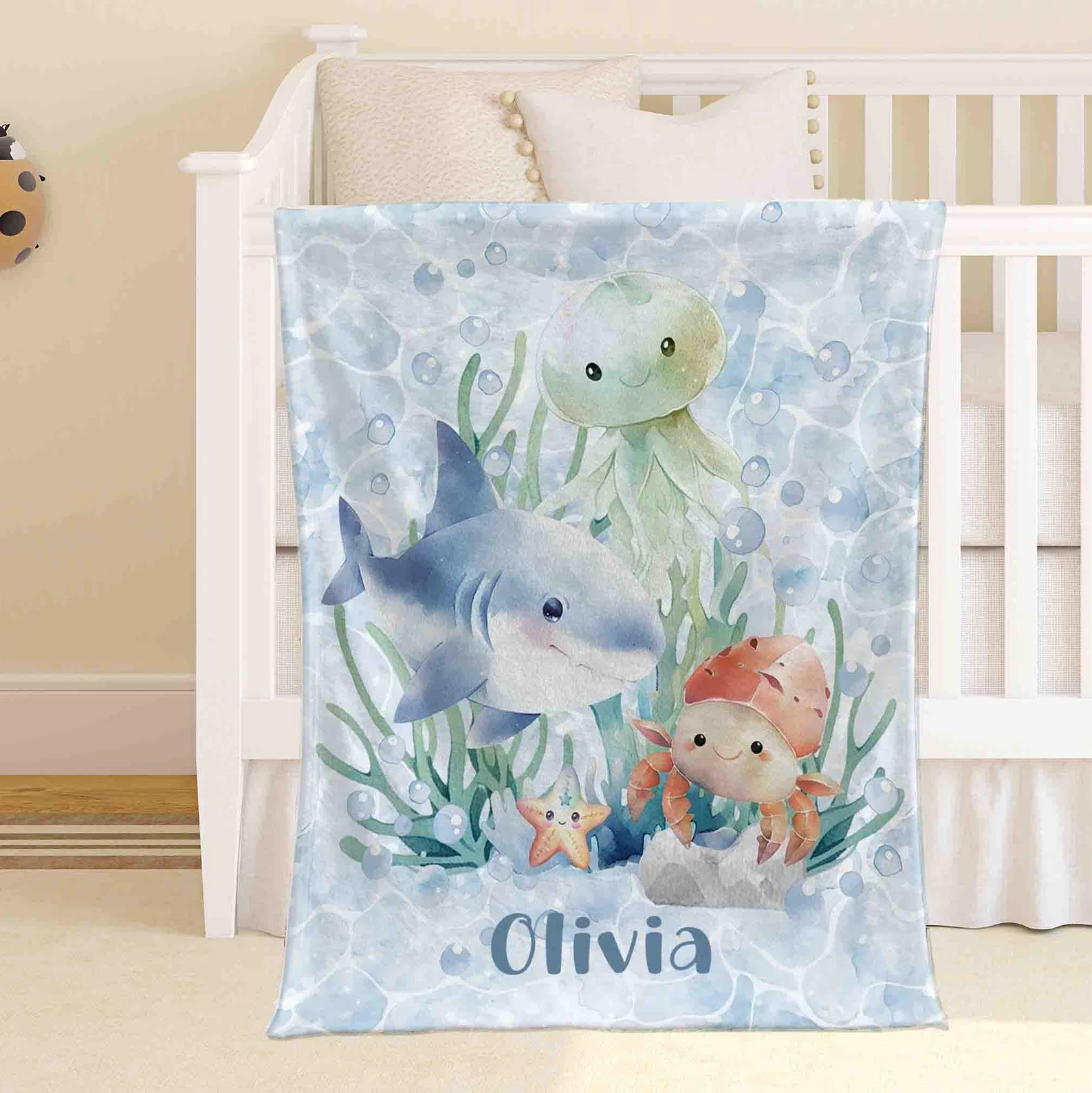 Ocean Animals Nursery Blanket Personalized Baby Blanket Sea Animal Blanket Kids Custom Name Blanket Under The Sea Baby Shower Gift For Boys