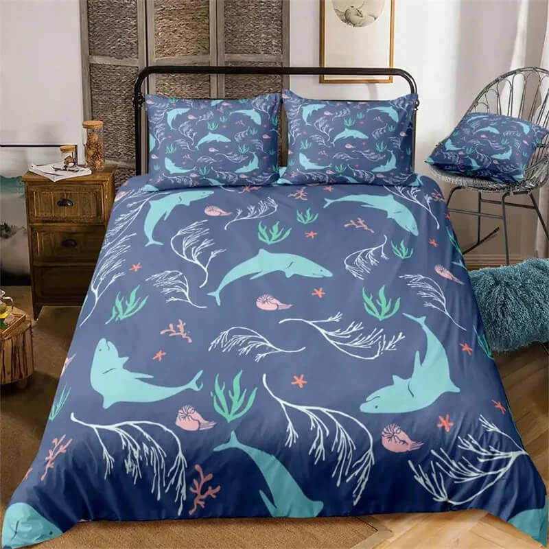 Blue whale bedding set with striped sea animal design