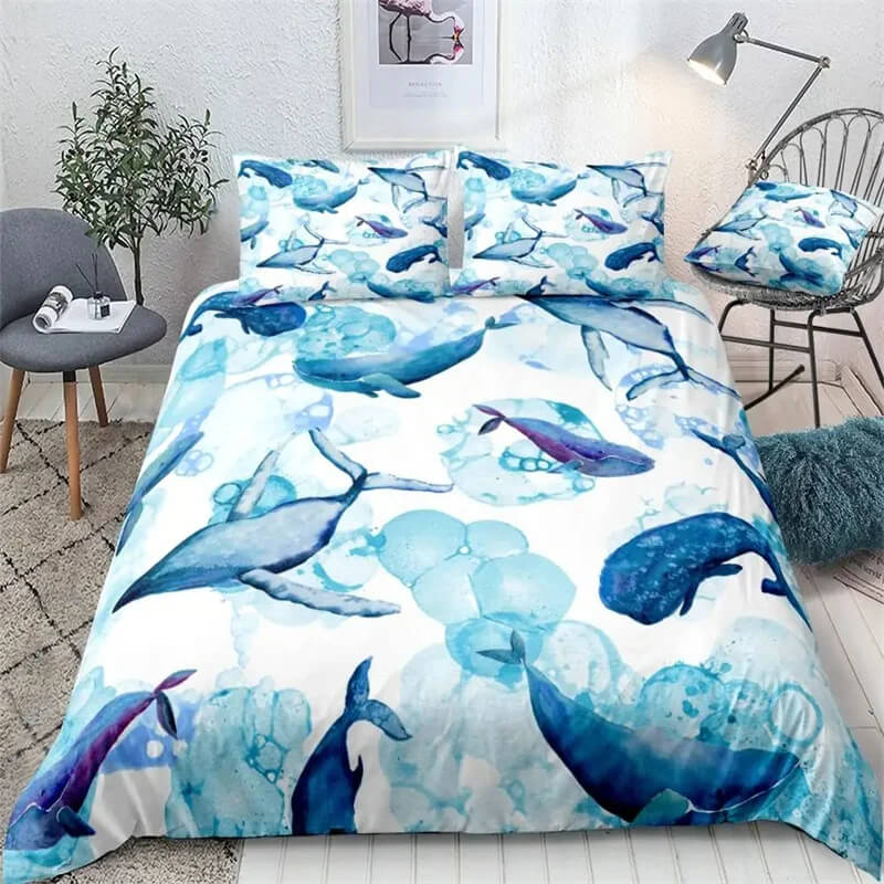 Ocean blue whale duvet cover set for kids bedroom