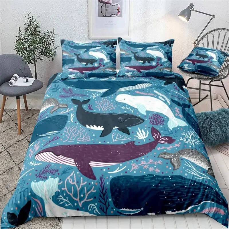 Whale bedspread and pillowcase set for kids room