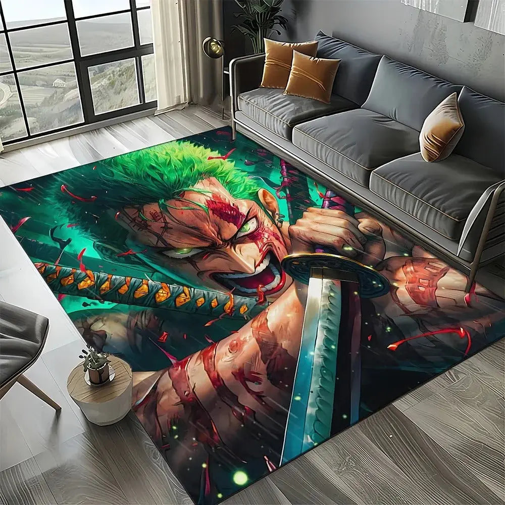 One Piece  Zoro Japanese anime rug with non-slip base and vivid cartoon character design. Perfect for bedrooms, kids’ rooms, and anime-themed living room decor.