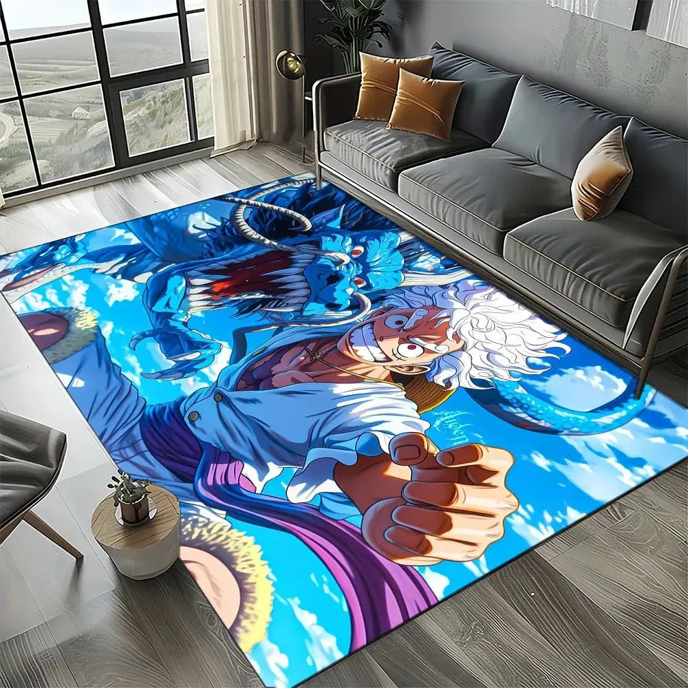 One Piece Luffy anime rug carpet featuring Japanese cartoon design placed in a stylish bedroom with anime decor
