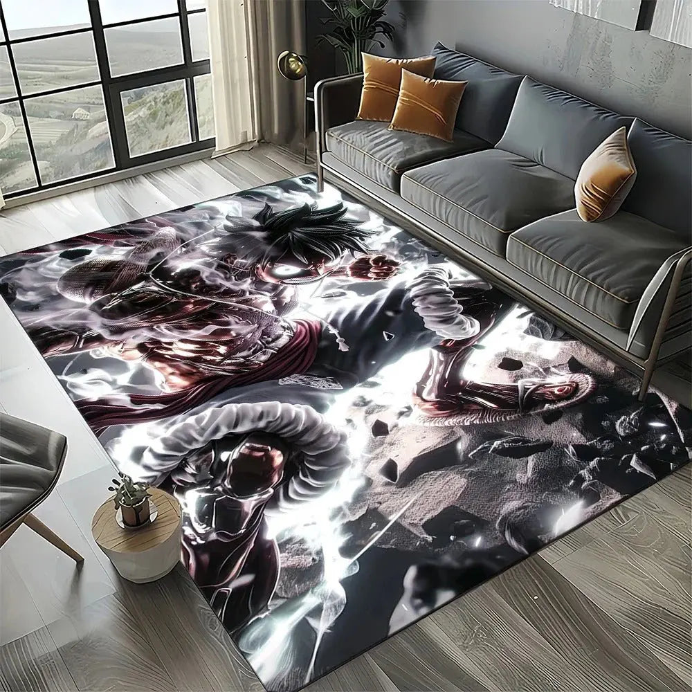 One Piece anime rug placed beside a bed in a cozy anime-themed bedroom