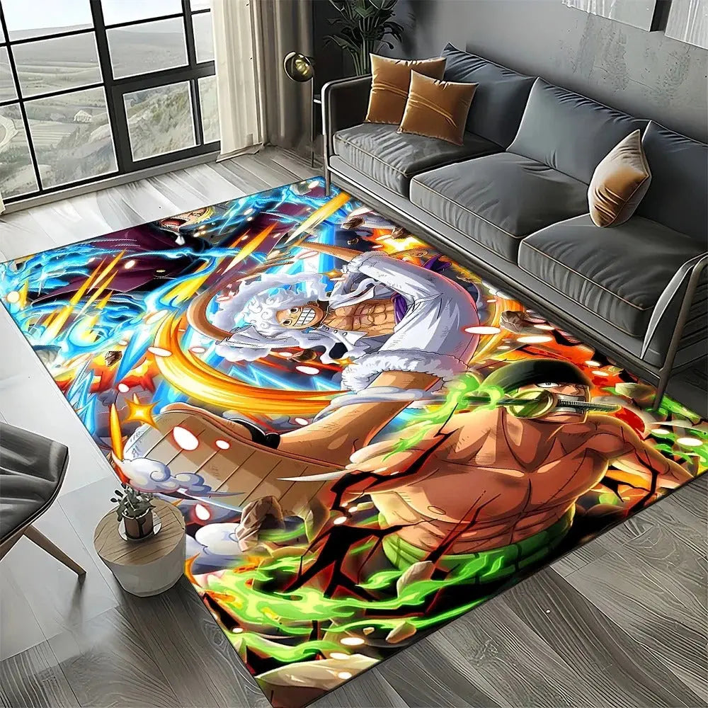 Japanese anime rug featuring Luffy placed in a stylish living room setup