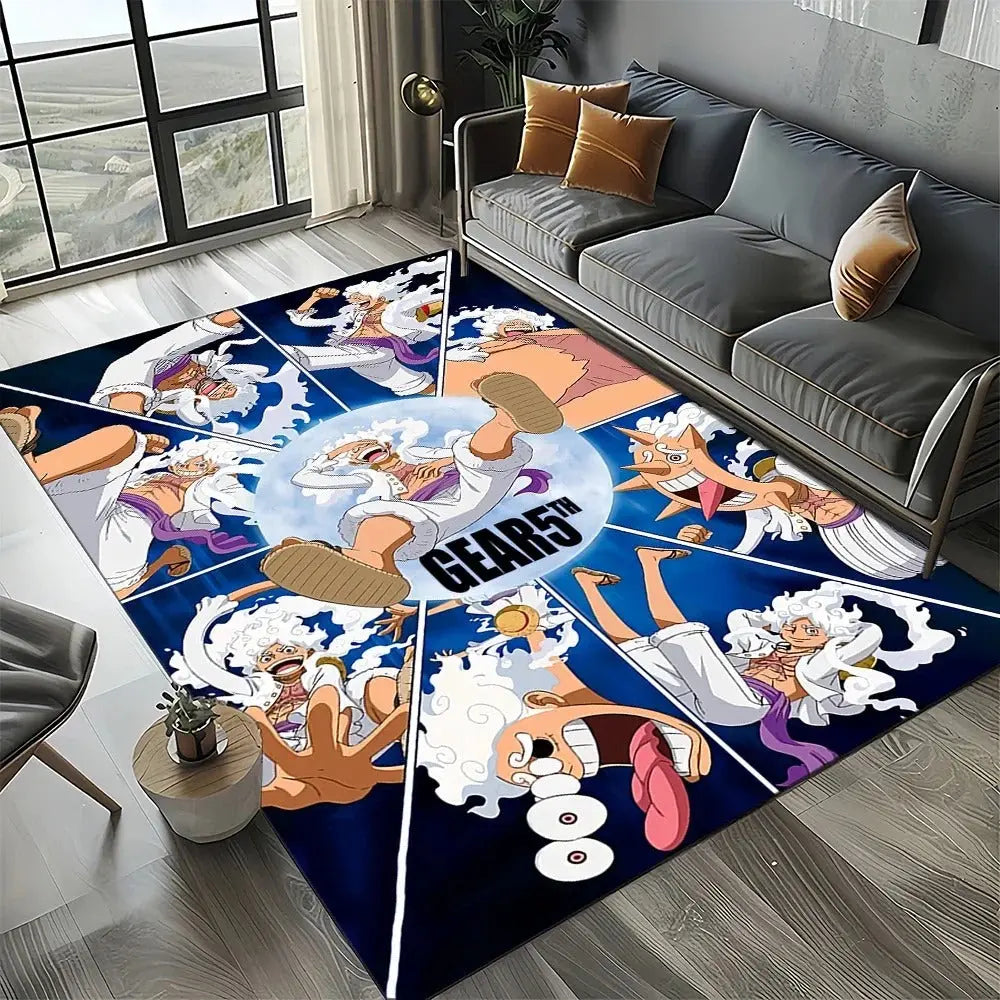 Colorful cartoon floor mat with One Piece characters in a kids’ room