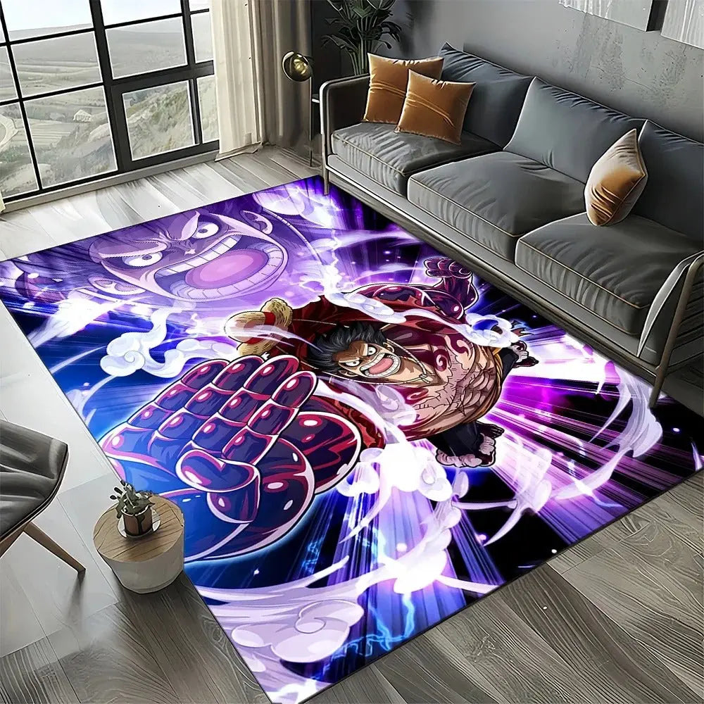 One Piece rug under a gaming desk with anime posters and decor