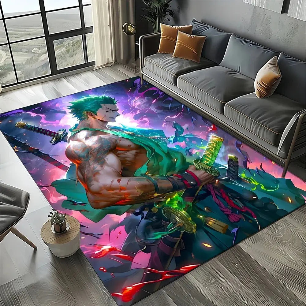 Non-slip Zoro anime floor mat in a university dorm with bedding and books